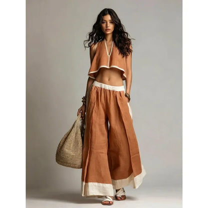 Women's Cotton-Linen V-Neck Sleeveless Wide-Leg Top and Pants Set