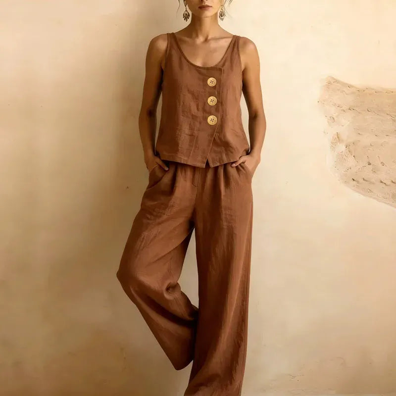 Women's Linen-Blend Sleeveless Crew-Neck Wide-Leg Pants Set