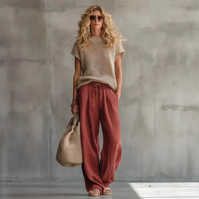 Women's Linen Short-Sleeve Wide-Leg Bohemian Vintage Top and Pants Set