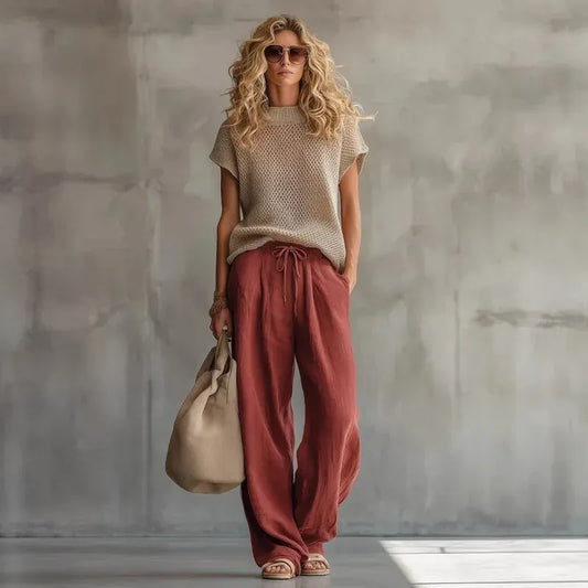 Women's Linen Short-Sleeve Wide-Leg Bohemian Vintage Top and Pants Set