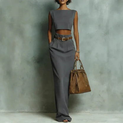 Women's Sleeveless Crew-Neck Pocketed Skirt Set