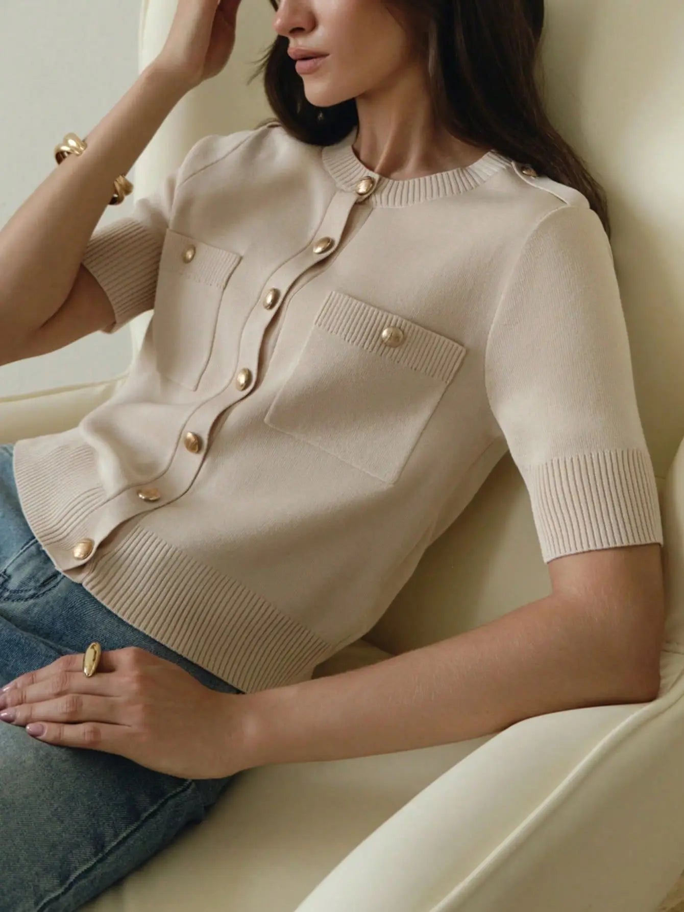 Women's Short-Sleeve Buttoned Crochet Slim-Fit Cardigan