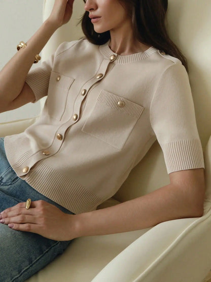 Women's Short-Sleeve Buttoned Crochet Slim-Fit Cardigan
