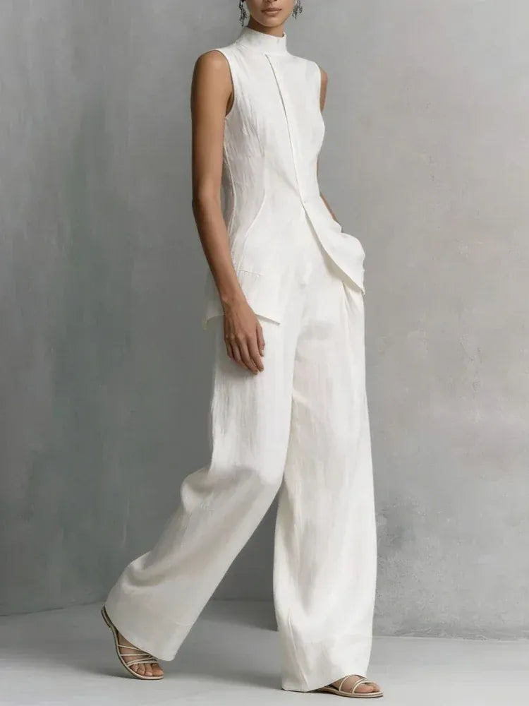 Women's Linen-Blend Vintage Sleeveless High-Waisted Pants Set