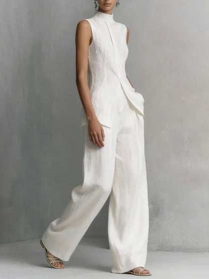 Women's Linen-Blend Vintage Sleeveless High-Waisted Pants Set