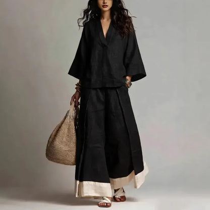 Women's Cotton-Linen V-Neck Wide-Leg French-Style Top and Pants Set