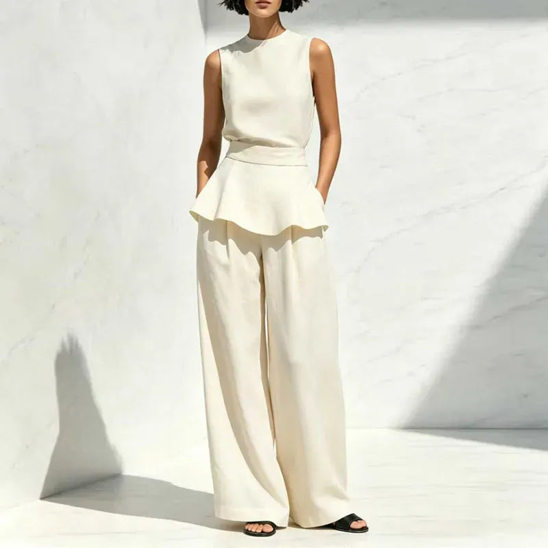 Women's Sleeveless High-Waisted Wide-Leg Ruffle Pants Set