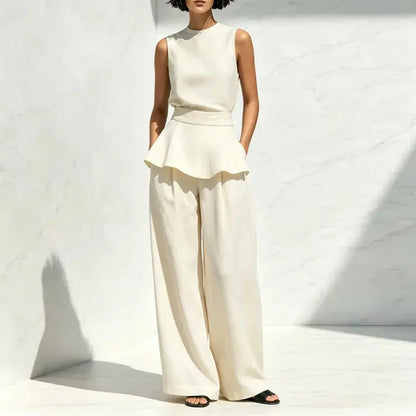 Women's Sleeveless High-Waisted Wide-Leg Ruffle Pants Set