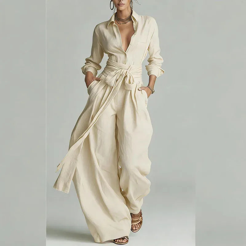 Women's Solid-Color Low-Neck Long-Sleeve Buttoned Vacation Top and Pants Set