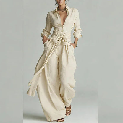 Women's Solid-Color Low-Neck Long-Sleeve Buttoned Vacation Top and Pants Set