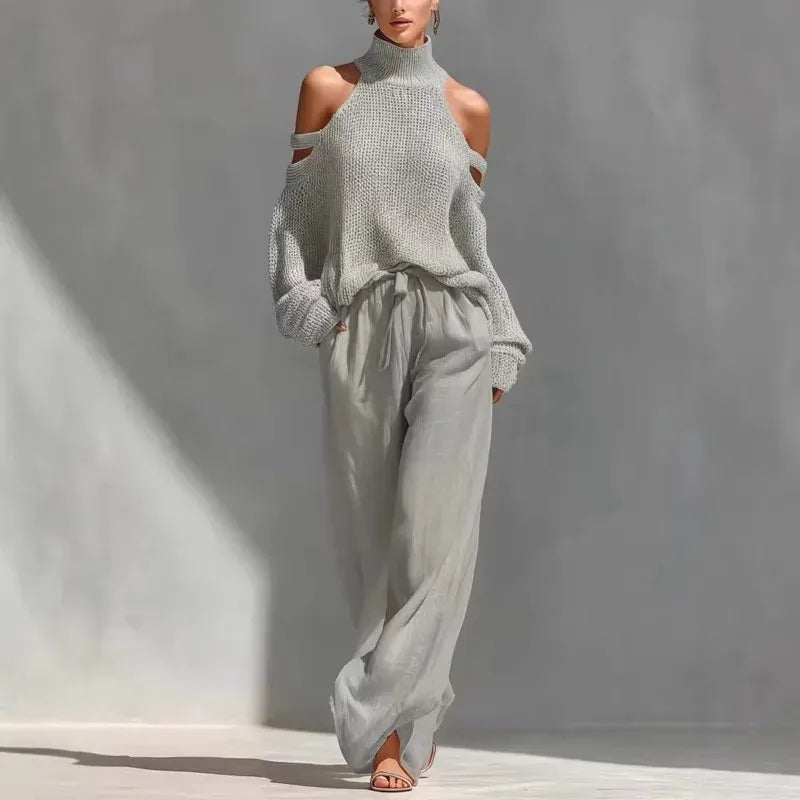 Women's Openwork Off-Shoulder Wide-Leg Casual Vacation Top and Pants Set