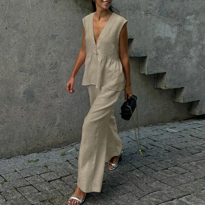 Women's Linen-Blend Sleeveless Ruffle Cotton Pants Set