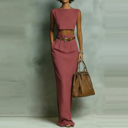 Women's Sleeveless Crew-Neck Pocketed Skirt Set