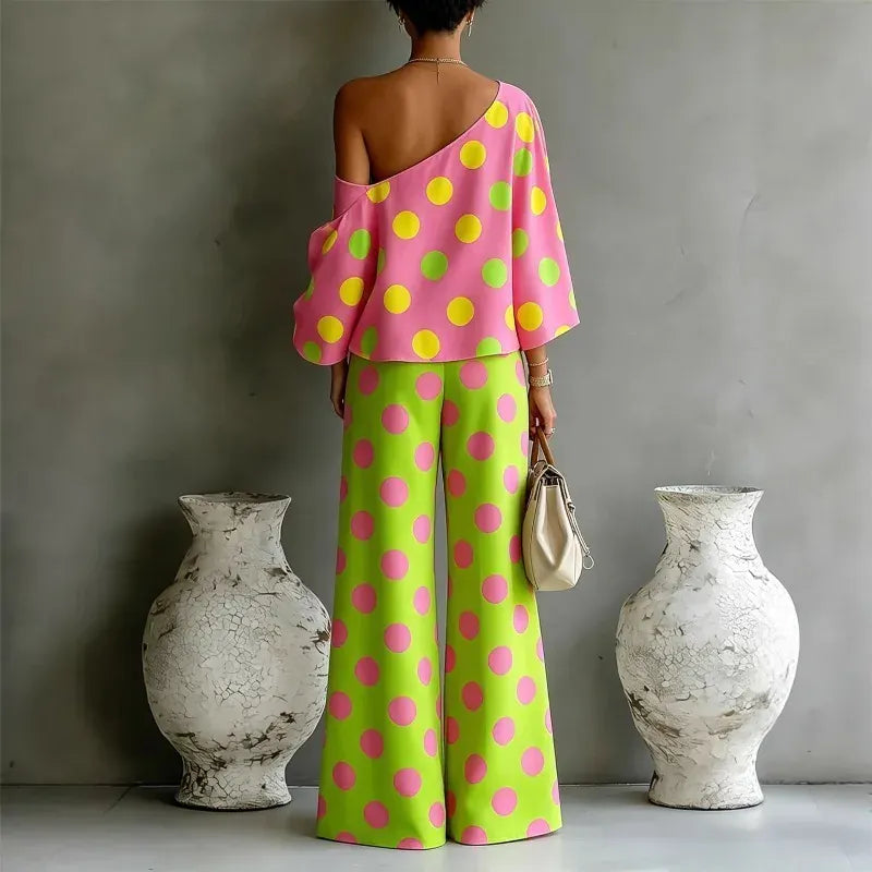 Women's Polka-Dot One-Shoulder High-Waisted Wide-Leg Vacation Top and Pants Set