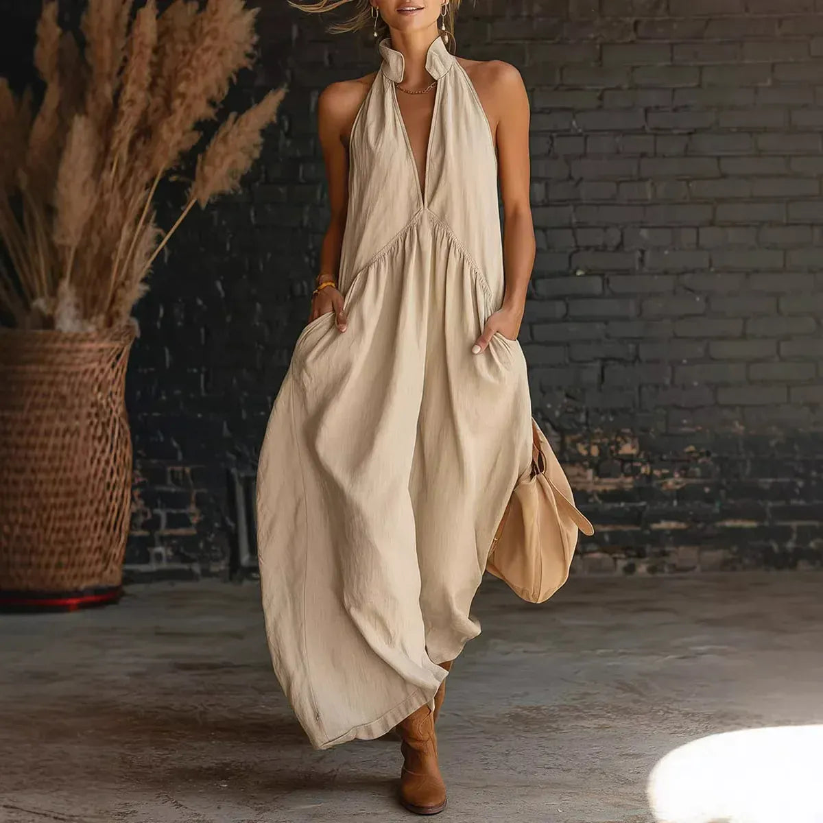 Women's Solid-Color V-Neck Off-Shoulder Sleeveless Casual Maxi Dress