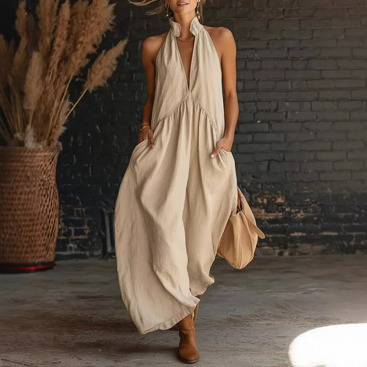 Women's Solid-Color V-Neck Off-Shoulder Sleeveless Casual Maxi Dress