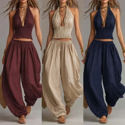 Women's Linen-Blend Bohemian Halter-Neck Wide-Leg Pants Set