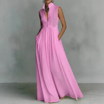 Women's Solid-Color Mock-Neck Sleeveless High-Waisted Buttoned Occasion Dress