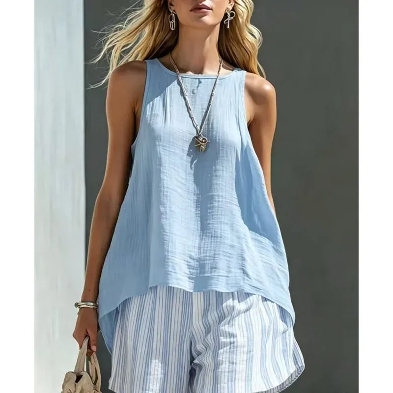 Women's Linen Striped Sleeveless Casual Vacation Top and Shorts Set