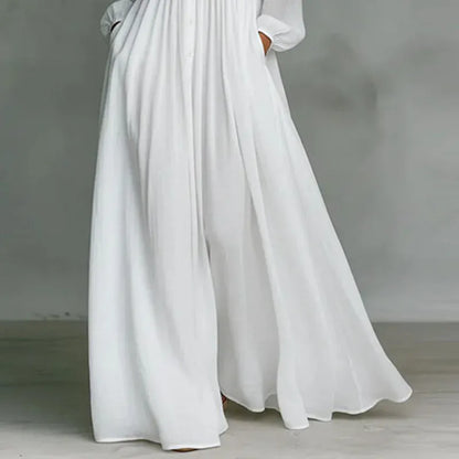 Women's Long-Sleeve High-Waisted Pleated Buttoned Maxi Occasion Dress