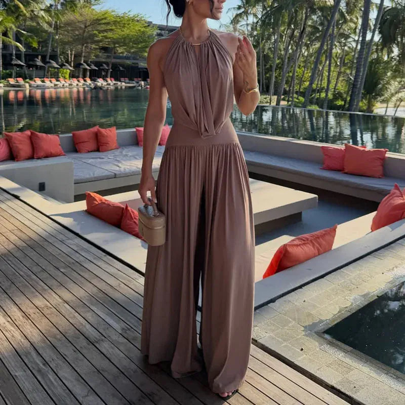 Women's Halter-Neck Sleeveless Backless Relaxed-Fit Pants Set