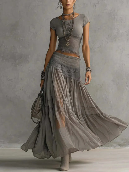 Women's Lace Short-Sleeve High-Waisted Slim-Fit Skirt Set