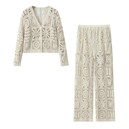 Women's Crochet Floral Pants Two-Piece Set