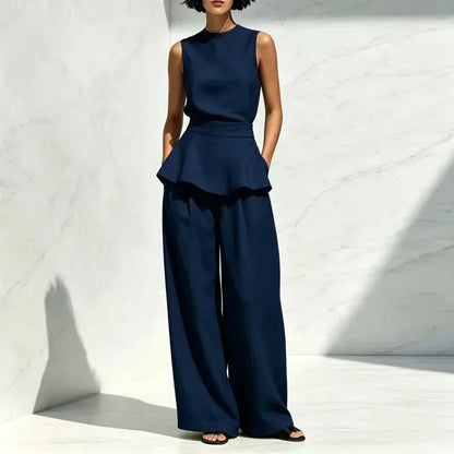 Women's Sleeveless High-Waisted Wide-Leg Ruffle Pants Set