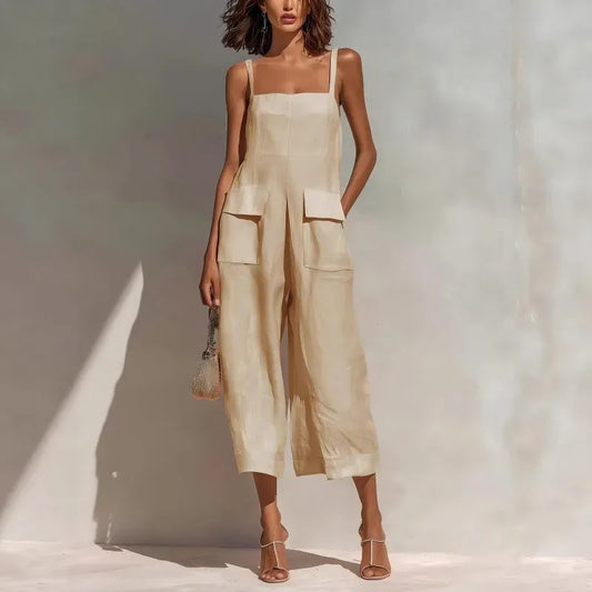 Women's Cotton-Linen Sleeveless Relaxed-Fit Vintage Jumpsuit