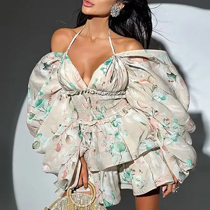 Women's Floral Strappy Long-Sleeve Pleated Mini Occasion Dress