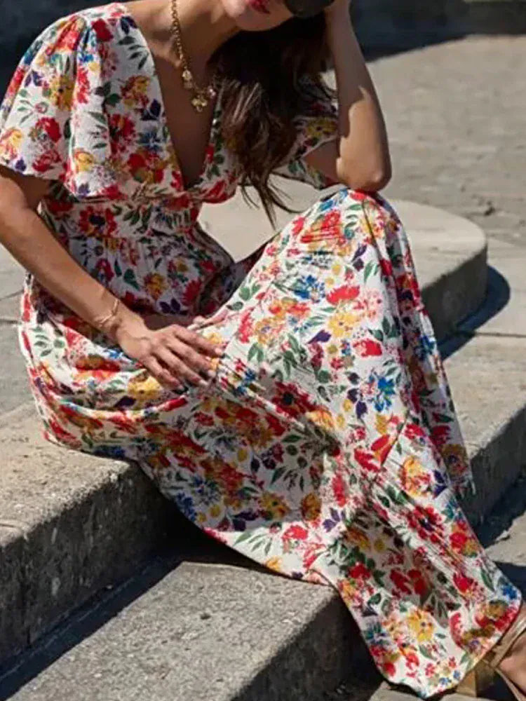 Women's Bohemian V-Neck Strappy Short-Sleeve Mini Occasion Dress