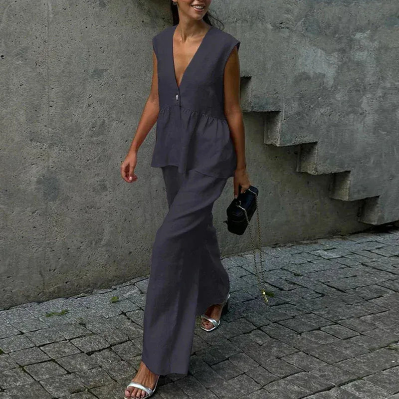 Women's Linen-Blend Sleeveless Ruffle Cotton Pants Set