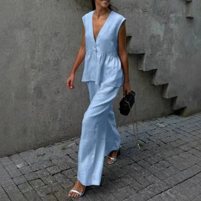 Women's Linen-Blend Sleeveless Ruffle Cotton Pants Set