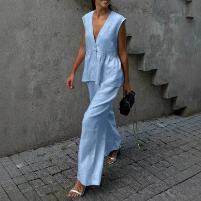 Women's Linen-Blend Sleeveless Ruffle Cotton Pants Set
