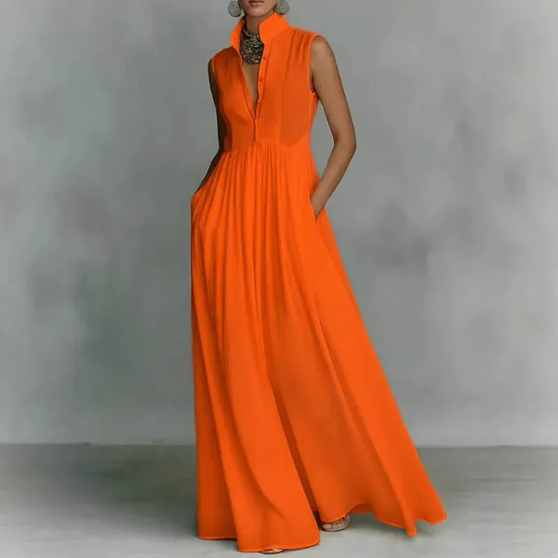Women's Solid-Color Mock-Neck Sleeveless High-Waisted Buttoned Occasion Dress