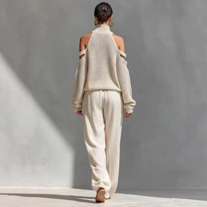 Women's Openwork Off-Shoulder Wide-Leg Casual Vacation Top and Pants Set