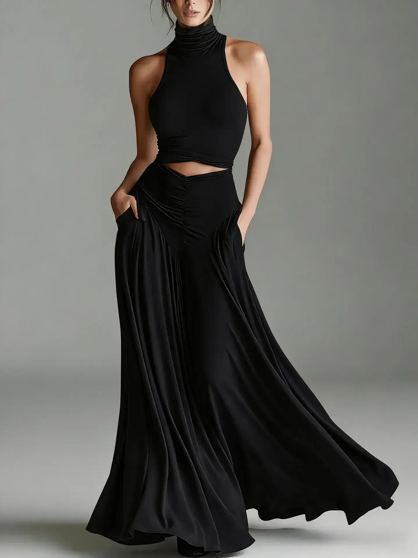 Women's Sleeveless High-Waisted Pocketed Cut-Out Maxi Occasion Dress