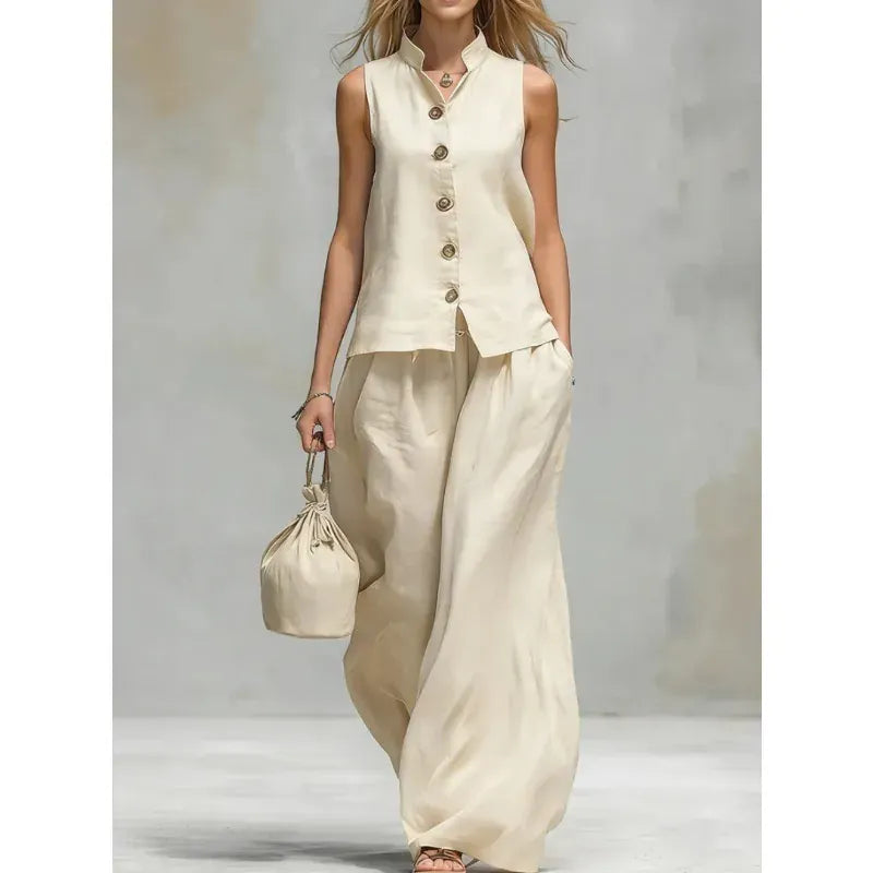Women's Cotton-Linen Mock-Neck Sleeveless Wide-Leg Top and Pants Set