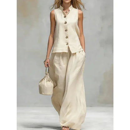Women's Cotton-Linen Mock-Neck Sleeveless Wide-Leg Top and Pants Set