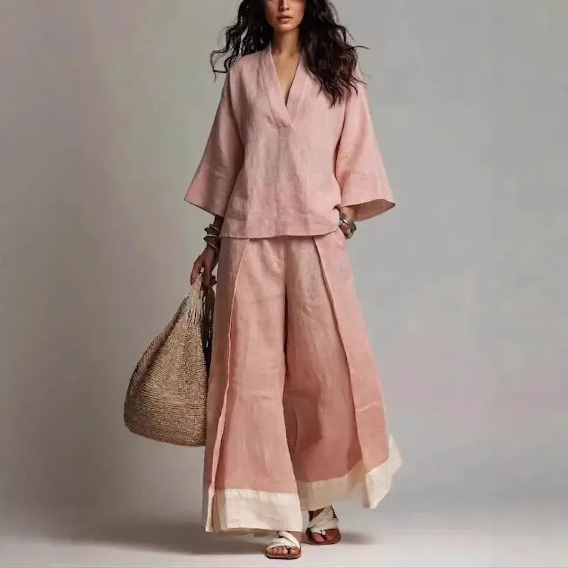 Women's Cotton-Linen V-Neck Wide-Leg French-Style Top and Pants Set