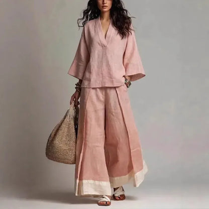 Women's Cotton-Linen V-Neck Wide-Leg French-Style Top and Pants Set