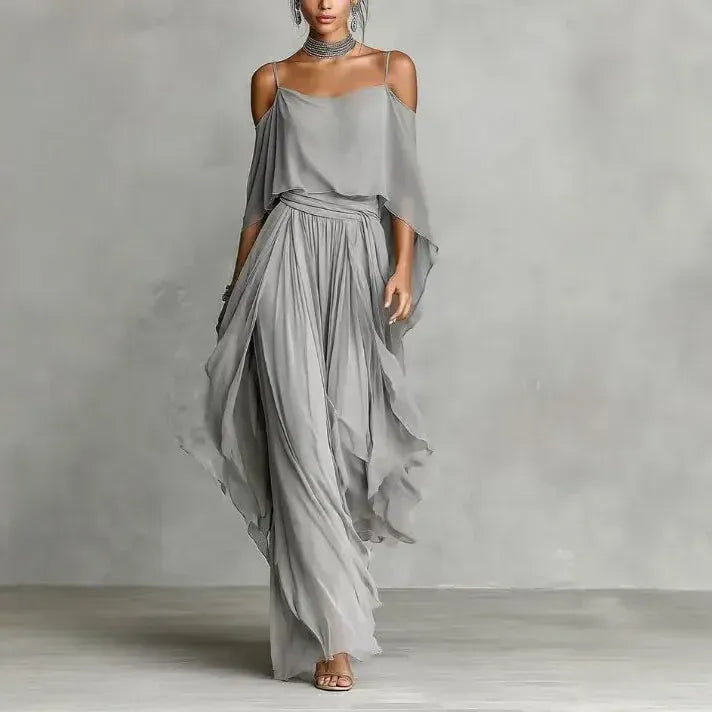 Women's Chiffon Off-Shoulder Relaxed-Fit Pants Set