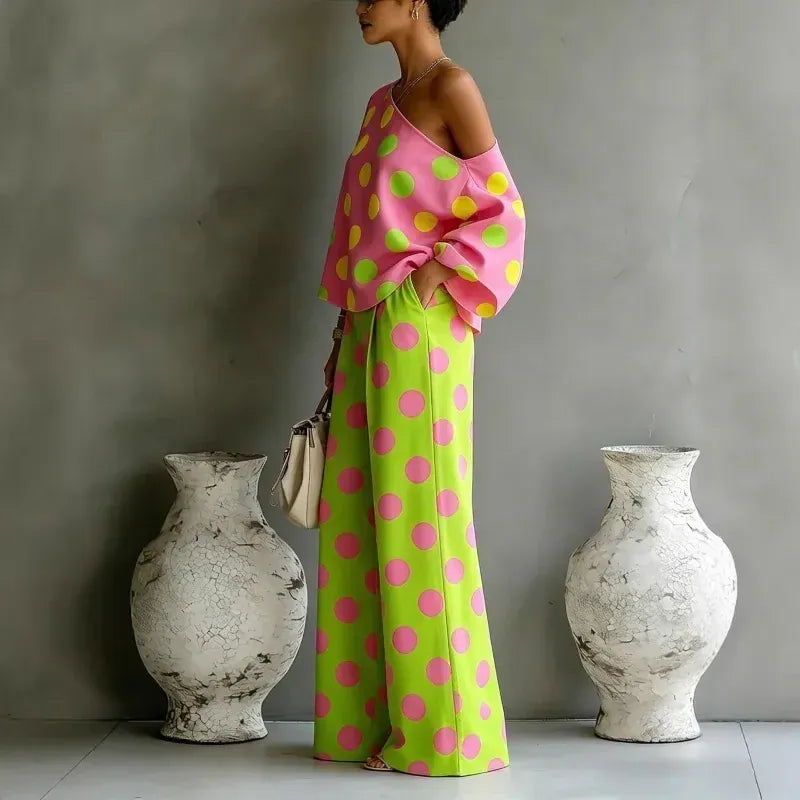 Women's Off-Shoulder High-Waisted Wide-Leg Printed Pants Set