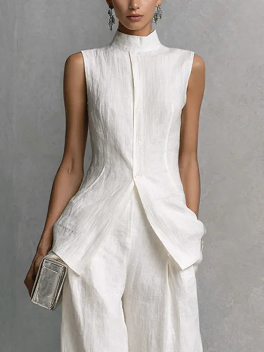 Women's Linen-Blend Vintage Sleeveless High-Waisted Pants Set