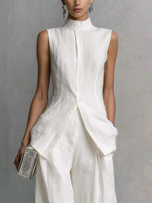 Women's Linen-Blend Vintage Sleeveless High-Waisted Pants Set