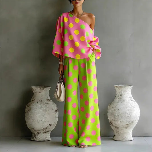 Women's Polka-Dot One-Shoulder High-Waisted Wide-Leg Vacation Top and Pants Set