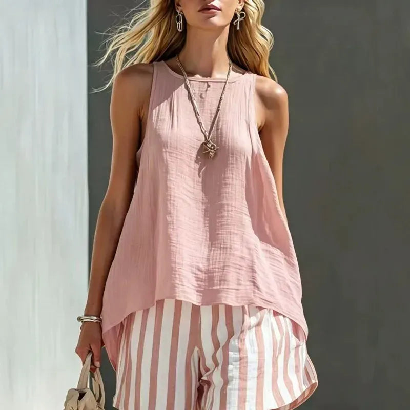 Women's Linen Striped Sleeveless Casual Vacation Top and Shorts Set