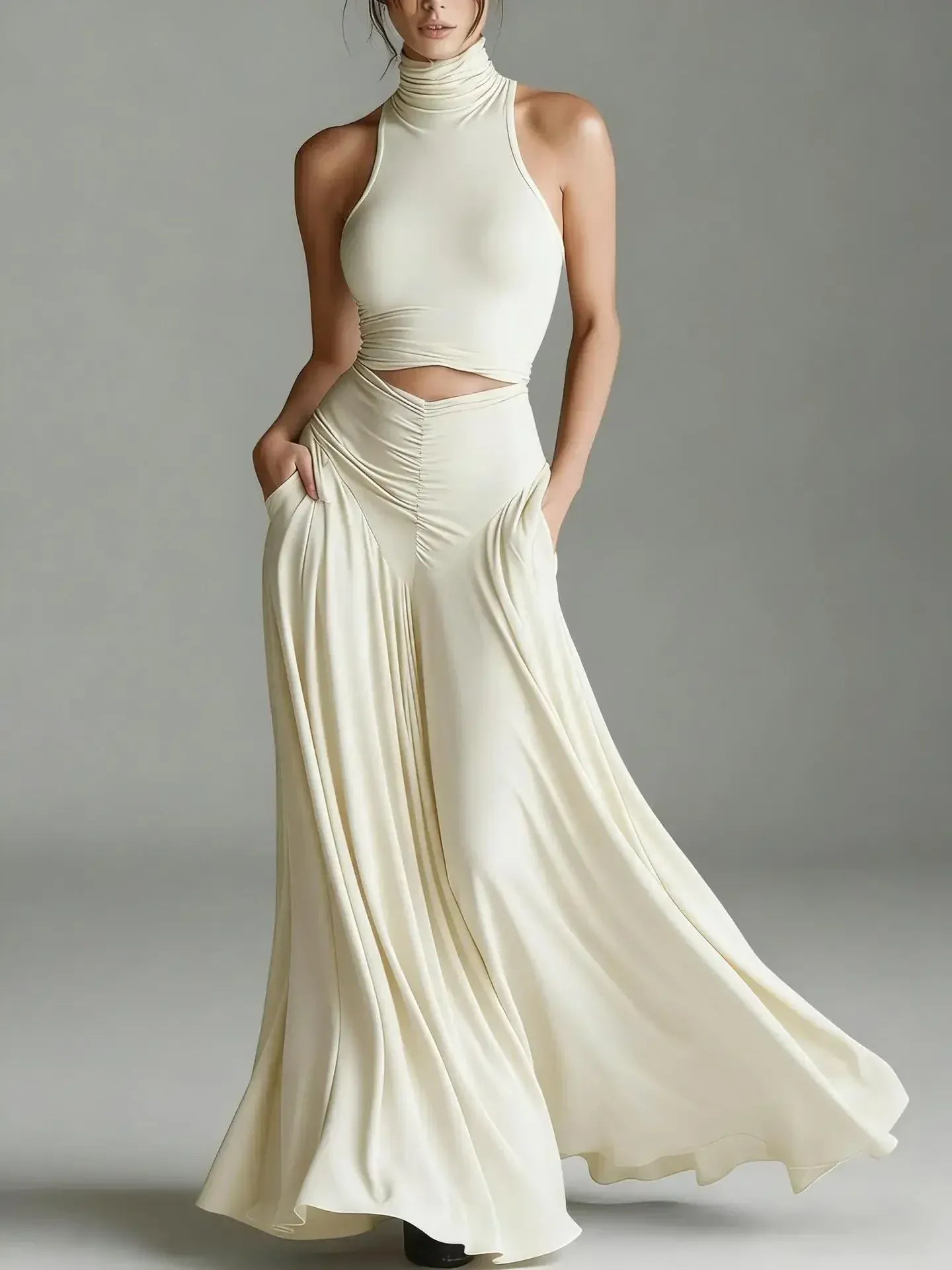 Women's Sleeveless High-Waisted Pocketed Cut-Out Maxi Occasion Dress