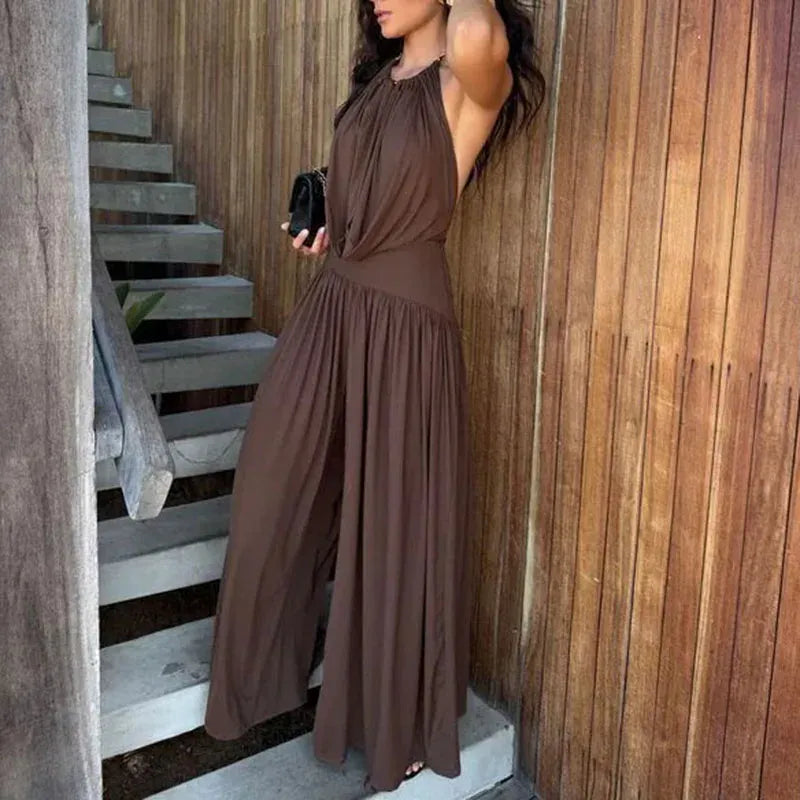 Women's Halter-Neck Sleeveless Backless Relaxed-Fit Pants Set