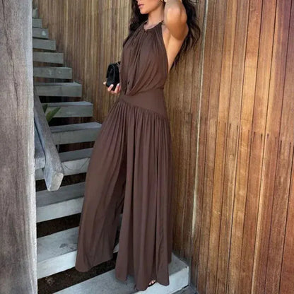 Women's Halter-Neck Sleeveless Backless Relaxed-Fit Pants Set